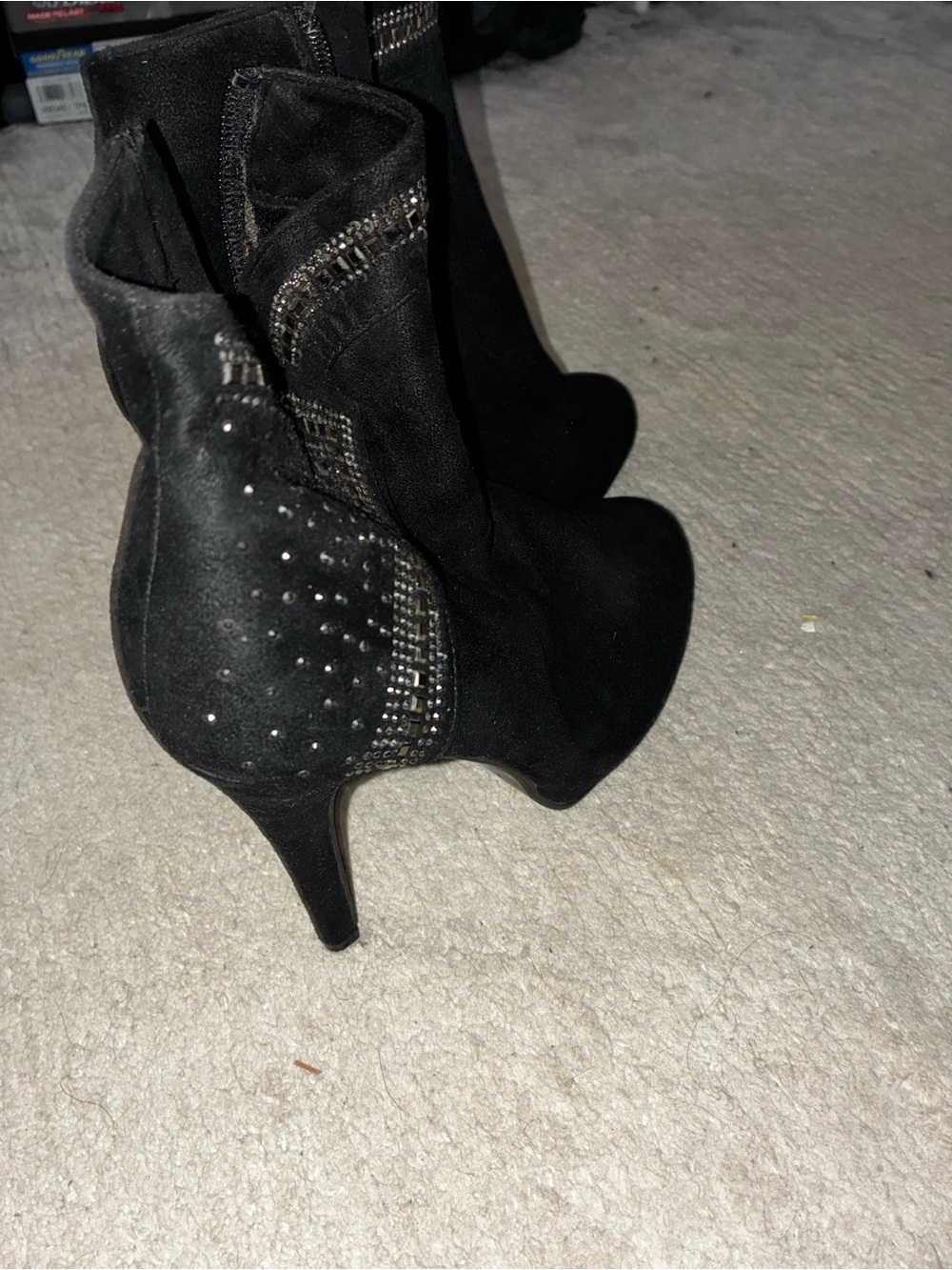 Forever New Black Suede Ankle Booties with Studded Trim